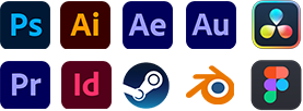Photoshop, Illustrator, After Effects, Audition, DaVinci Resolve, Premiere, InDesign, Steam, Blender, Figma
